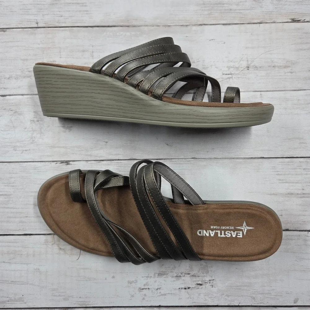Eastland‎ Wedge Sandals Women 10W Pewter Florence Strappy Metallic Memory Foam